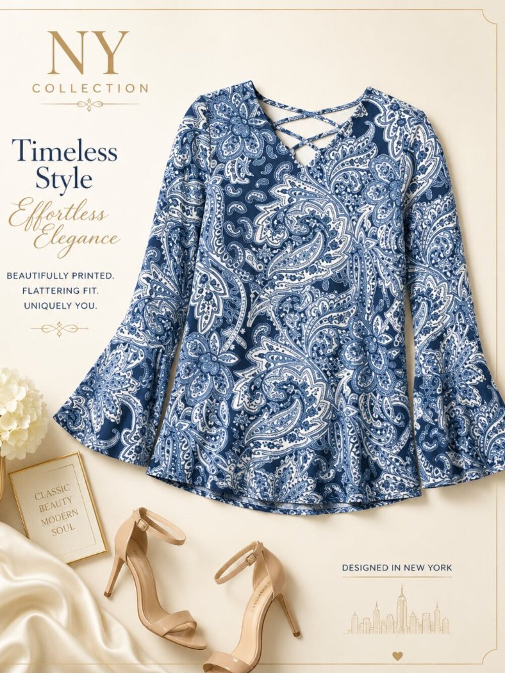NY Collection Navy Paisley Bell Sleeve Lattice Top XL NWT